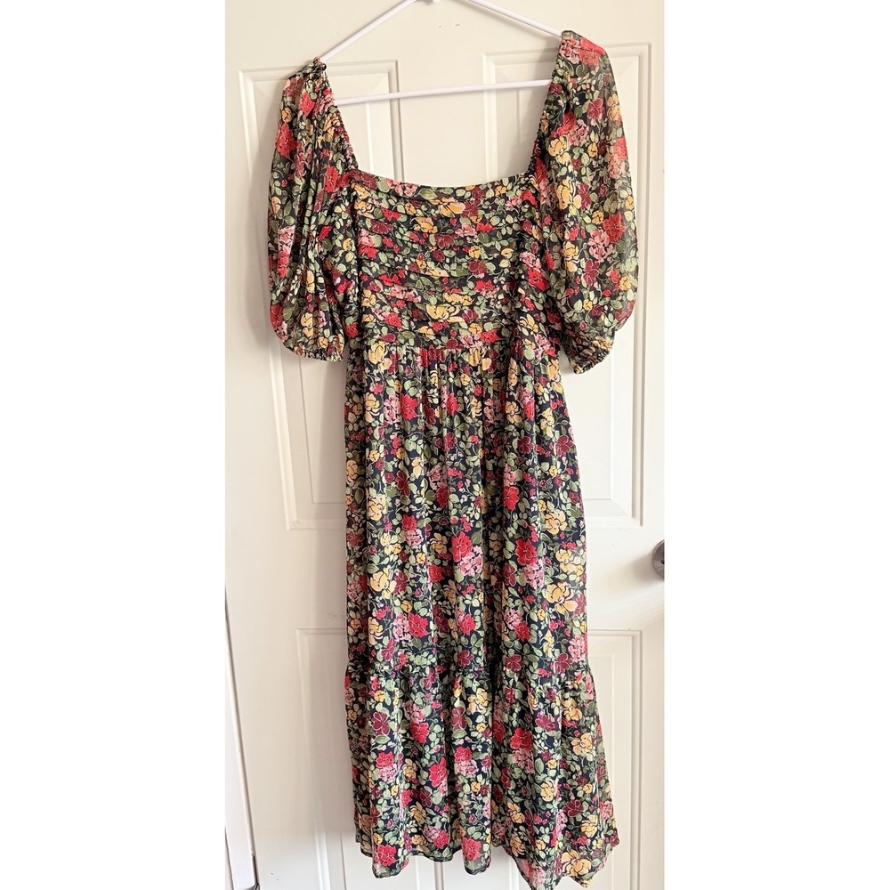 Lauren Conrad Floral Midi Dress M Puff Sleeve Square Neck Cottagecore Lined